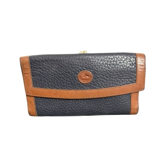 Vintage Dooney & Bourke All Weather Leather Wallet Navy Tan Trim Kiss Lock READ - Picture 1 of 11